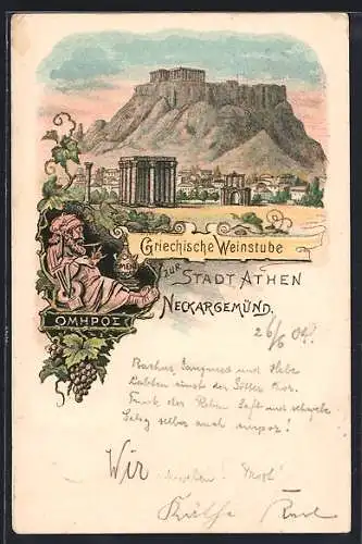 Lithographie Neckargemünd, Griechische Weinstube zur Stadt Athen, Ortsansicht Athen