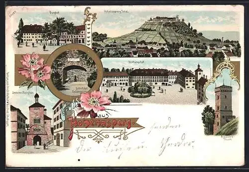 Lithographie Hohenasperg, Totalansicht mit Burg, Festungshof, Burgtor