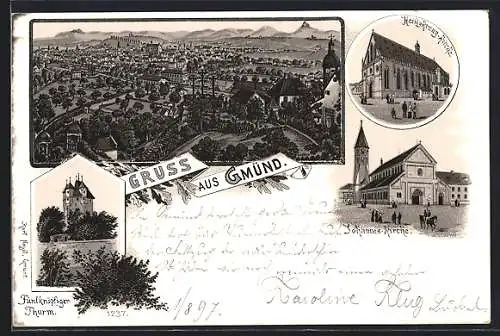 Lithographie Gmünd, Johannes-Kirche, Fünfknöpfiger Thurm und Heiligkreuz-Kirche