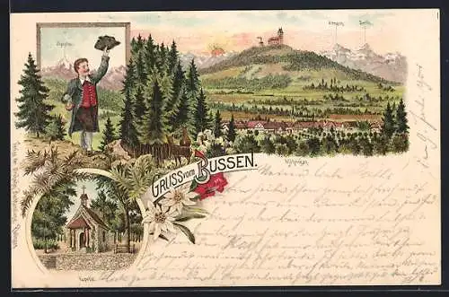 Lithographie Bussen, Kapelle, Ortsansicht von Möhringen mit Säntis, Wanderer