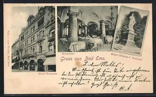 AK Bad Ems, Hotel Metropole, Restaurant, Kaiser Wilhelm I. Denkmal