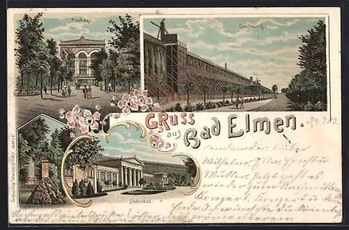 Lithographie Bad Elmen, Kurhaus, Gradierwerk und Lindenbad