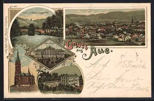 Lithographie Aue / Erzgebirge, Fachschule für Blecharbeiter, Schwarzwasserthal, Gesamtansicht