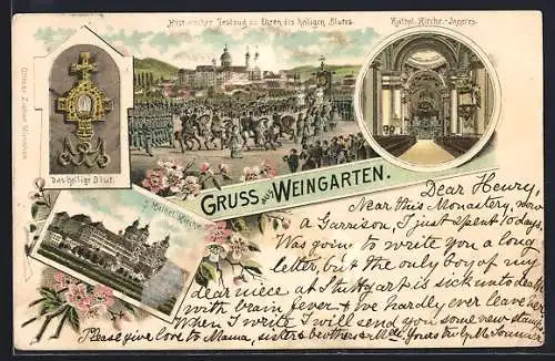 Lithographie Weingarten / Württ., Historischer Festzug zu Ehren des heiligen Blutes, Das heilige Blut