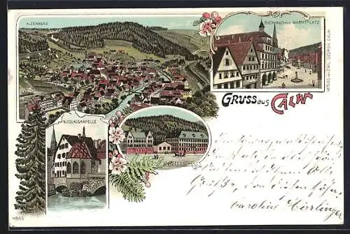 Lithographie Calw, Blick über den Ort, Handelsschule, Nikolauskapelle