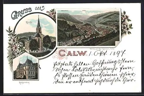 Lithographie Calw, Ortsansicht mit Talblick, Kirche und Georgenäum