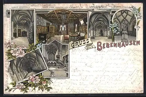 Lithographie Bebenhausen, Klosterkirche, Kreuzgang I, Salon der Königin, Sommer Refectorium