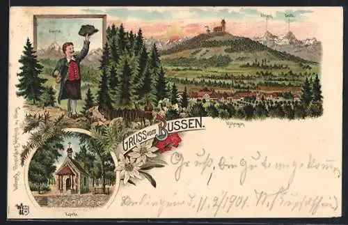 Lithographie Bussen, Kapelle, Ortsansicht von Möhringen mit Säntis, Wanderer