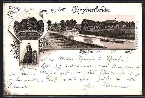 Lithographie Lühe /Kirschenland, Gasthof Fährhaus J. Feindt, Altenländerin, Flusspartie mit Gasthof