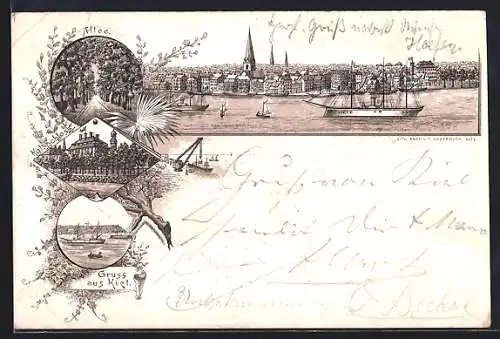 Lithographie Kiel, Kgl. Schloss, Allee, Stadtpanorama vom Wasser aus