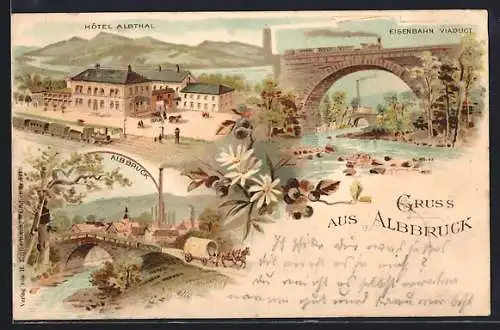 Lithographie Albbruck, Hotel Albthal, Eisenbahn Viaduct, Brücke
