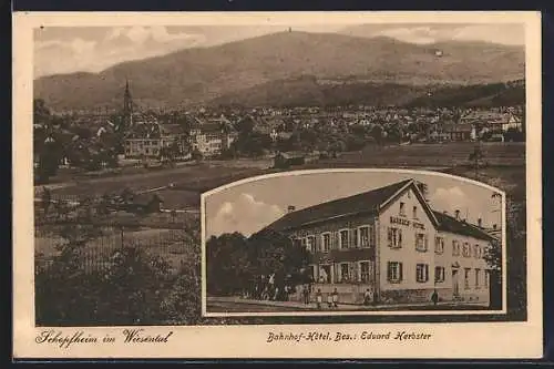 AK Schopfheim im Wiesental, Bahnhof-Hotel E. Herbster, Gesamtansicht mit Feldern u. Bergpanorama
