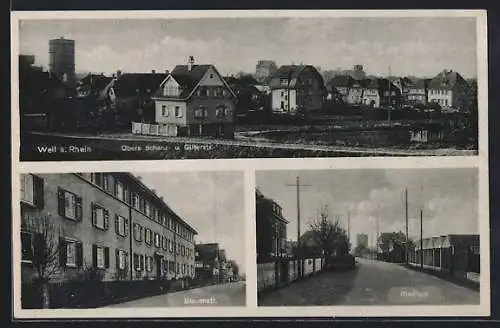 AK Weil a. Rhein, Blauenstrasse, Riedlistrasse, Panorama Obere Schanz- u. Güterstrasse mit Turm