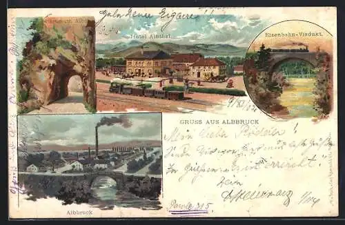 Lithographie Albbruck, Totalansicht, Hotel Albthal & Eisenbahn-Viadukt