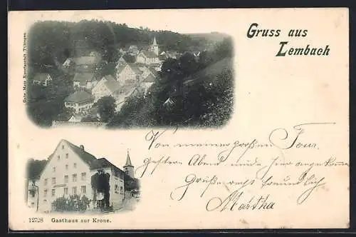 AK Lembach / Bonndorf, Gasthaus zur Krone mit Kirchturm, Ortsansicht aus der Vogelschau