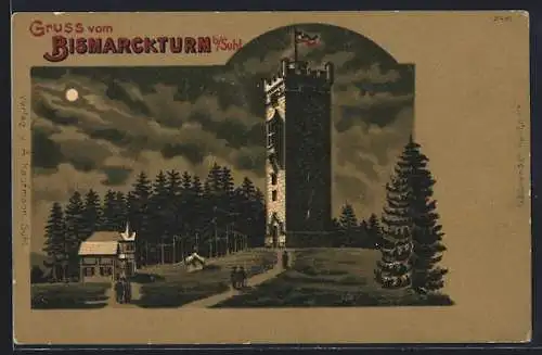 Mondschein-Lithographie Suhl, Bismarckturm mit Gebäude u. Strasse