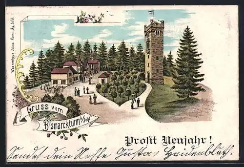 Lithographie Suhl, Bismarckturm mit Gebäuden u. Anlage aus der Vogelschau