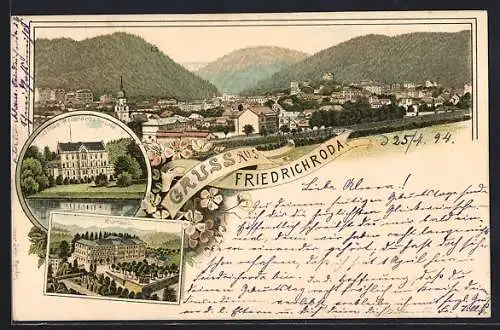 Lithographie Friedrichroda, Kurhaus, Schloss Reinhardsbrunn, Gesamtansicht mit Bergpanorama
