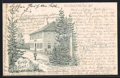 Lithographie Grossbreitenbach, Gasthaus Kahlert mit Strasse