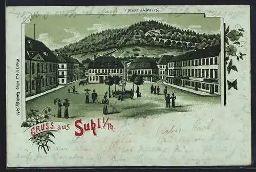 Mondschein-Lithographie Suhl i. Th., Marktplatz mit Brunnen und Bergblick