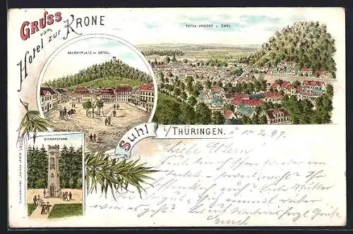 Lithographie Suhl i. Thüringen, Hotel zur Krone, Bismarckturm