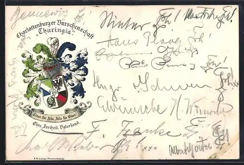 AK Berlin-Charlottenburg, Studentenwappen der Thuringia mit Motto Ehre, Freiheit, Vaterland