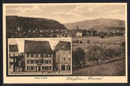 AK Schopfheim i. Wiesental, Hotel Krone mit Nachbargebäuden, Ortsansicht mit Feldern u. Bergpanorama