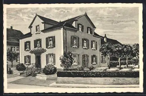 Künstler-AK Gaienhofen /Bodensee, Gasthof-Pension zum Deutschen Kaiser H. Scheu, von der Strasse gesehen