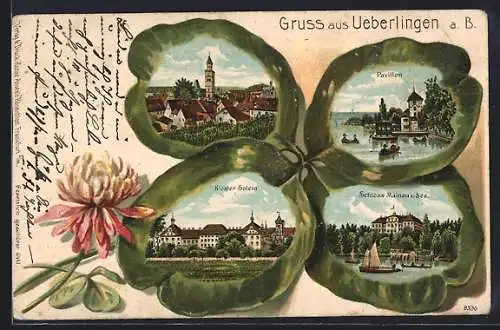 Passepartout-Lithographie Ueberlingen / Bodensee, Kloster Salem, Schloss Mainau u. See und Pavillon im Kleeblatt