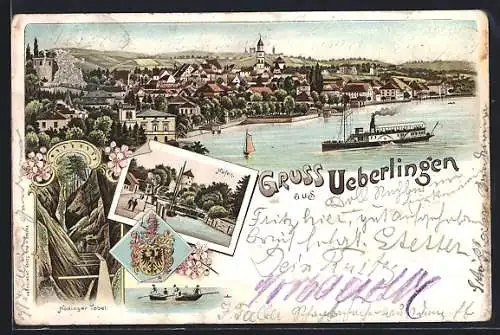 Lithographie Ueberlingen / Bodensee, Teilansicht, Hafen, Hödinger Tobel