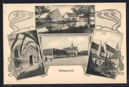 AK Heiligkreuztal, Kloster mit Kirche u. Kreuzgang, Ortspanorama mit Gewässer, Ornamente