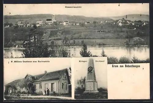 AK Hohenthengen, F. Müllers Gasthaus zum Hartenstein, Kriegerdenkmal, Gesamtansicht mit Gewässer