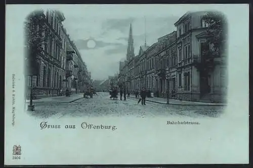 Mondschein-AK Offenburg, Bahnhofstrasse mit Kirchturm, von der Kreuzung gesehen