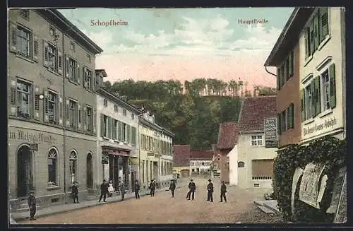 AK Schopfheim, Hauptstrasse mit Bäckerei Alois Adolph und Passanten