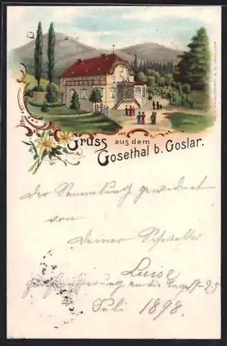 Lithographie Goslar, Gasthaus Gosethal mit Strasse u. Bergpanorama