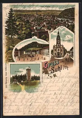 Lithographie Suhl i. Th., Bismarckturm, Markt, Kreuzkirche, Totalansicht