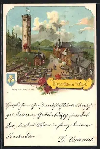 Lithographie Suhl i. Th., Bismarckturm mit Gasthaus und Strasse aus der Vogelschau, Kleeblatt-Wappen