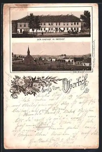 Vorläufer-Lithographie Oberhof / Thüringen, 1894, Gasthof mit Kutsche, Ortsansicht mit Kirche