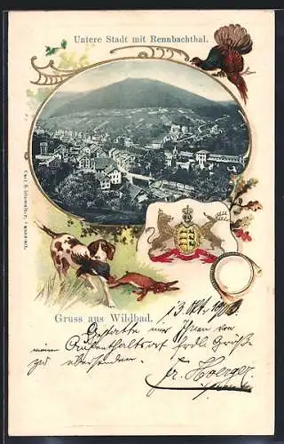 Passepartout-Lithographie Wildbad / Württ., Untere Stadt mit Rennbachtal, Jagdhund mit Beute, Auerhahn, Wappen