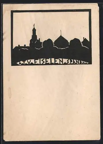 Künstler-AK Berlin-Spandau, ATV Eiselen Spandau, Ortspanorama mit Turm, Schattenbild