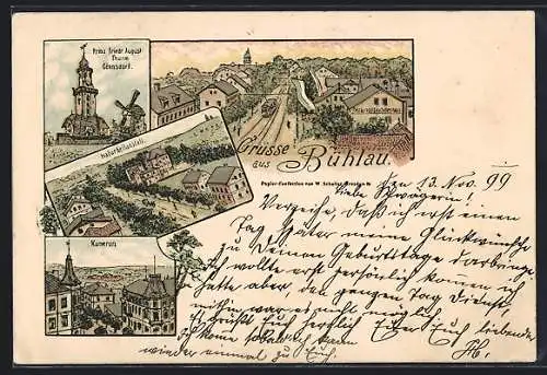 Lithographie Dresden-Bühlau, Restaurant Deutsches Haus, Naturheilanstalt, Kamerun, Strassenbahn