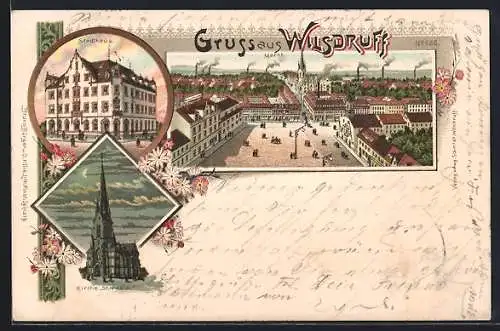 Lithographie Wilsdruff, Stadthaus, Kirche St. Nicolai, Markt