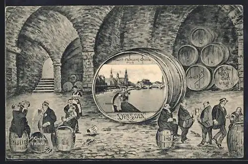 Grusskarten-AK Dresden, Biertrinker amüsieren sich im Bierkeller, Elbpartie mit Anlegestellen