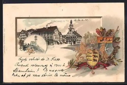 Passepartout-Lithographie Kirchheim u. T., Ortspartie mit Kirche, Wappen und Eichenzweig