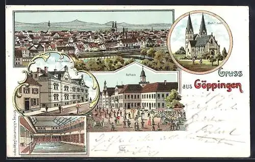 Lithographie Göppingen, Schwimmbad, Aussen- u. Innenansicht, Rathaus, Oberhof-Kirche