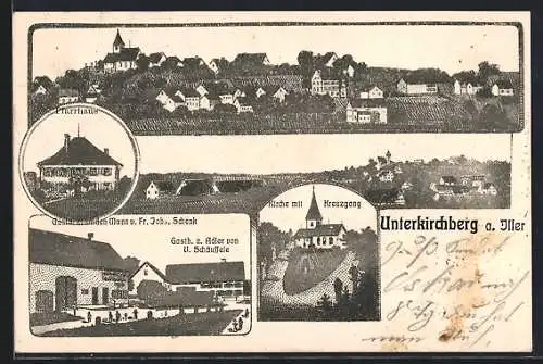 AK Unterkirchberg a. Iller, Gasth. z. wilden Mann, Gasth. z. Adler, Kirche, Pfarrhaus