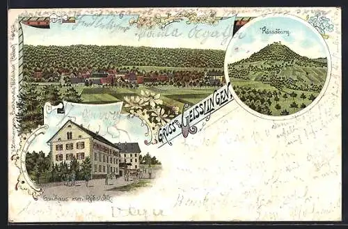 Lithographie Geisslingen / Klettgau, Gasthaus zum Rebstock, Küssaburg & Ortsansicht
