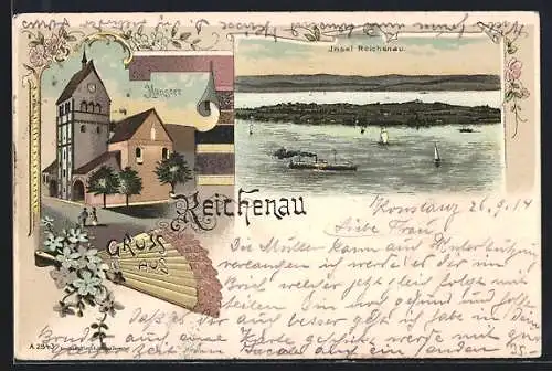 Lithographie Reichenau, Münster mit Fächer, Totalansicht der Insel