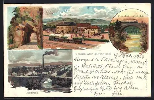 Lithographie Albbruck, Totalansicht, Hotel Albthal & Eisenbahn-Viadukt