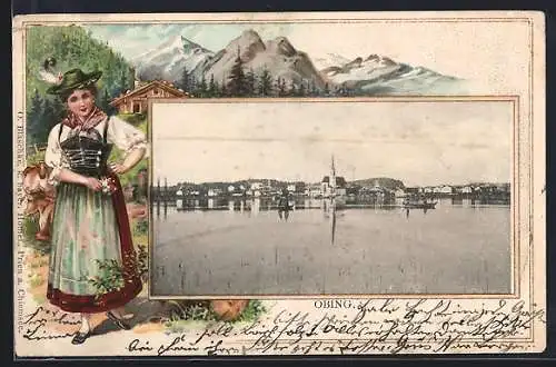 Passepartout-Lithographie Obing, Ortsansicht mit Kirche